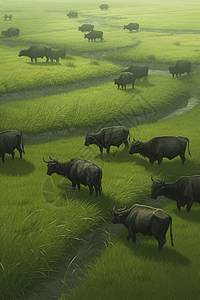 一群水牛在稻田吃草图片