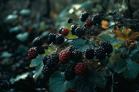 树上的成熟黑莓图片
