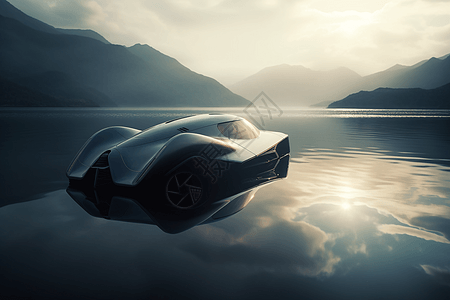 湖上停靠的未来汽车图片