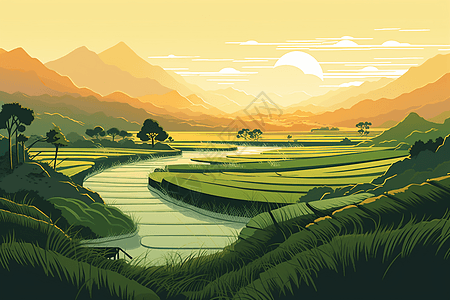平原上的稻田风景图片