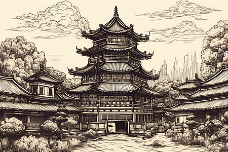 水墨风格的中式寺庙图片