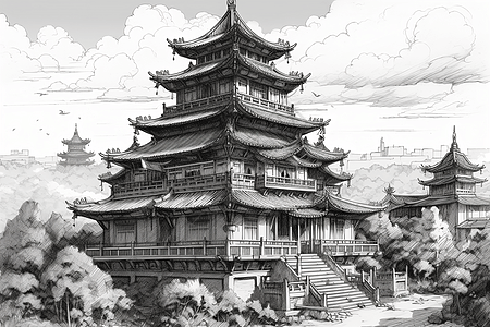 一座水墨风格的宁静中国寺庙图片