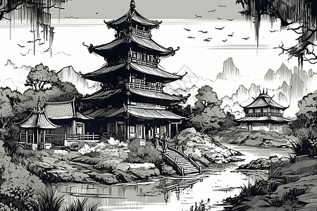 中式建筑风景背景图片