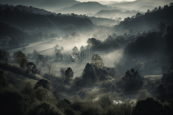 笼罩在雾气中的起伏山丘图片