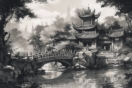 宁静河上的中式建筑图片
