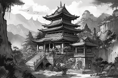 中国寺庙的水墨建筑图片