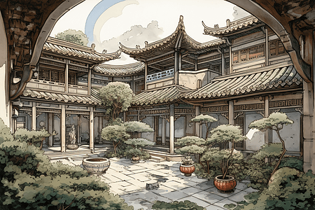传统的中国庭院建筑背景图片