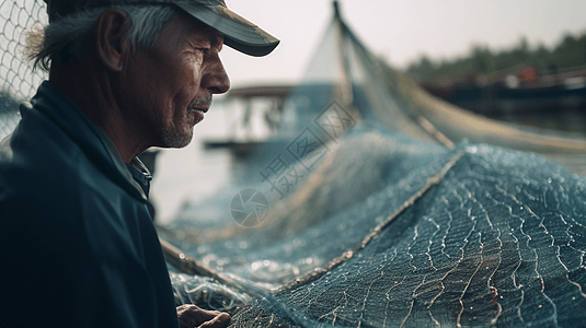 渔民照料渔网的特写镜头图片