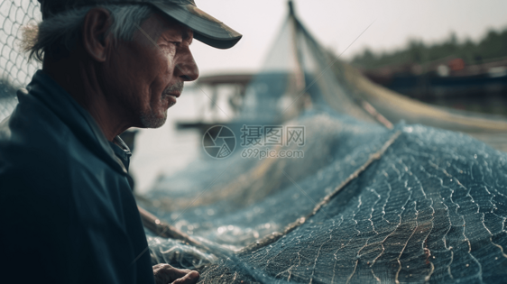 渔民照料渔网的特写镜头图片