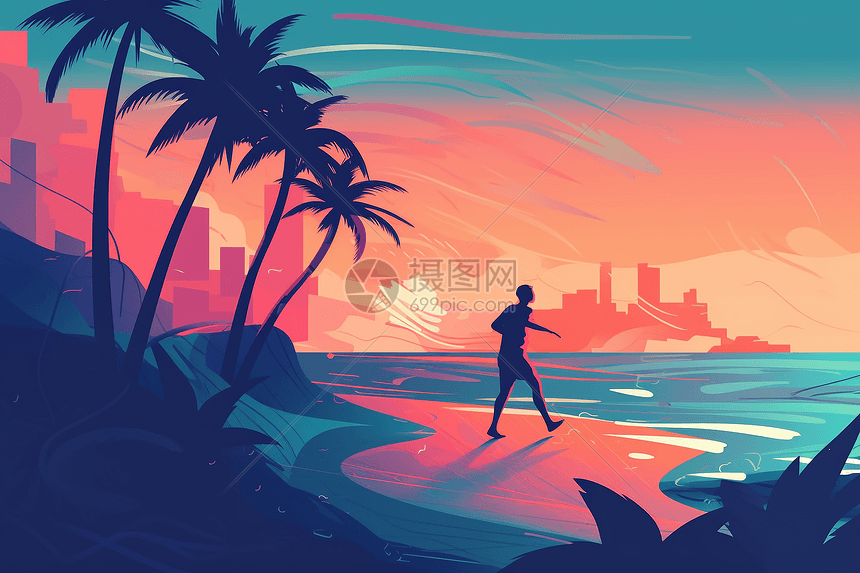 一个人在海滩上跑步的平面插图图片