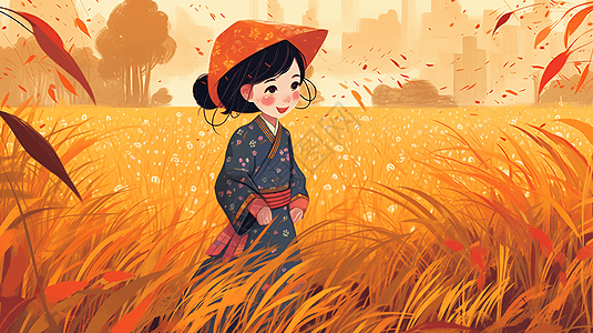 夕阳下稻田中的女孩图片