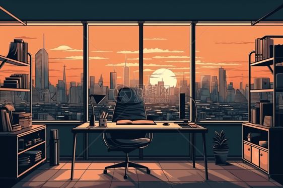 行政办公室的详细平面插图，带有一张大桌子，长毛绒椅子，并可以欣赏城市天际线。，高清图片