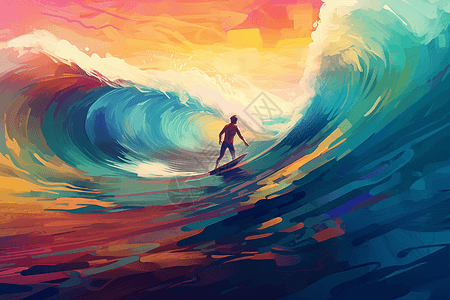 主题: 冲浪骑大浪; 视角: 特写视图; 背景: 海洋和海滩风景; 风格: 平面插图; 和照明: 高饱和度颜色，带有大图片