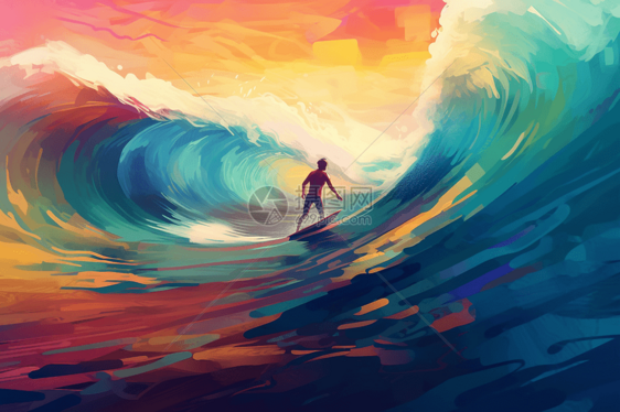 主题: 冲浪骑大浪; 视角: 特写视图; 背景: 海洋和海滩风景; 风格: 平面插图; 渲染和照明: 高饱和度颜色，带有大图片