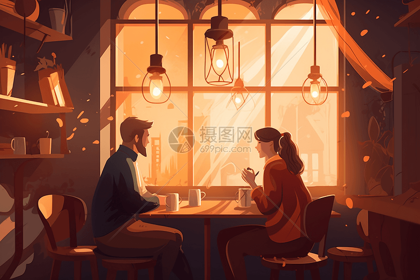 情侣在午后的咖啡店约会插画图片