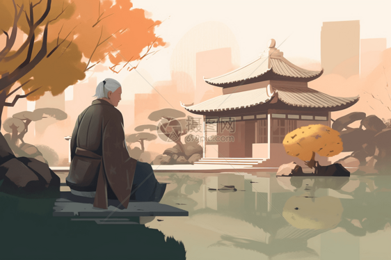 中国风河边坐着的老人图片