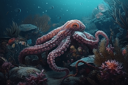 海底生物章鱼与水草背景图片