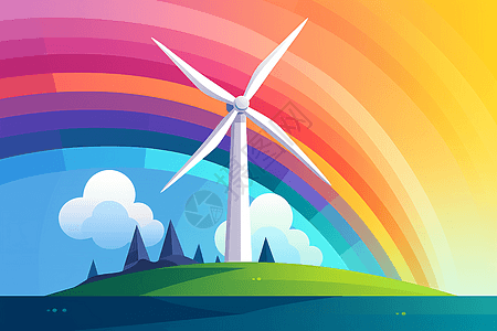 卡通彩虹下的风车背景图片