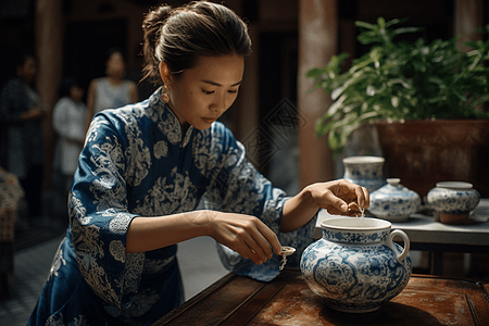 穿着青花瓷风格连衣裙的女士图片