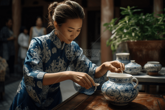 穿着青花瓷风格连衣裙的女士图片