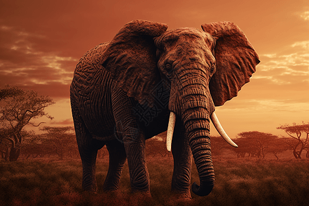 非洲象群非洲日落后孤独的大象插画