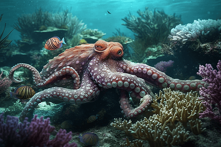 珊瑚礁中的章鱼背景图片
