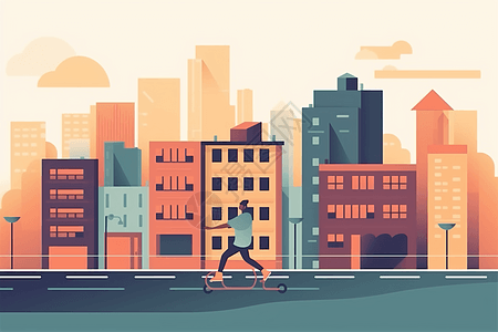一个人在城市街道上滑板的平面插图，背景是建筑物和汽车。，4K图片