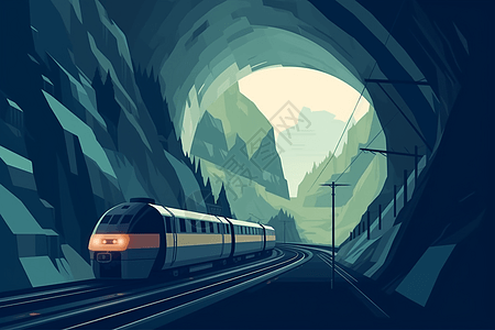雨天车灯一列高速火车进入山间隧道插画
