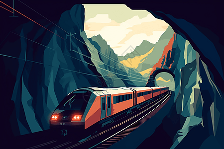 高速火车冲过山间隧道图片