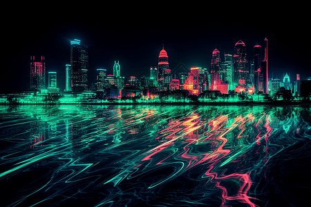 霓虹灯下的城市景观倒影在附近河流中图片