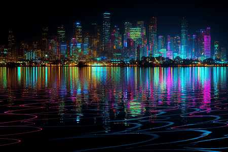 霓虹灯下的城市景观倒影在附近河流中图片