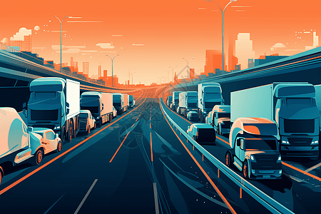 运输路线在高速公路上行驶的汽车插画