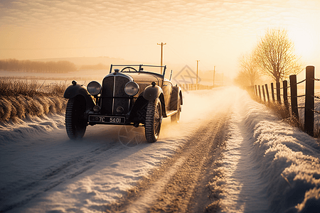 雪地上老式汽车图片