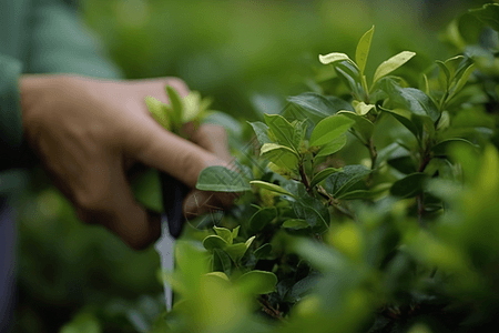 园丁手修剪植物的特写镜头图片