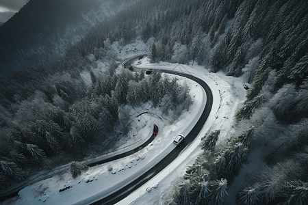 树道汽车在山区雪道上设计图片