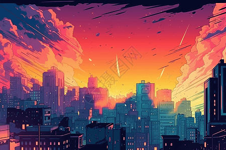 夕阳城市楼群漫画图片