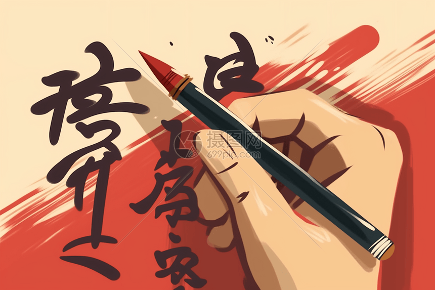 手拿毛笔写字插画图片下载-正版图片600069236-摄图网