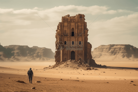 行走在沙漠中废墟图片