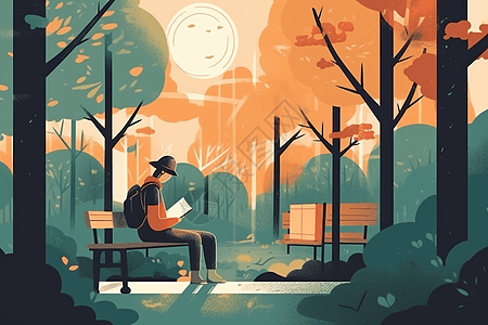 一个人在公园树林里的长凳上看书图片