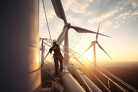 风能工人安装和维护用于发电的风力涡轮机图片