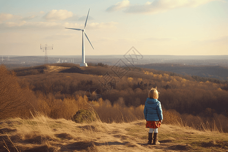 小女孩站在山上看远处的风车背影图片