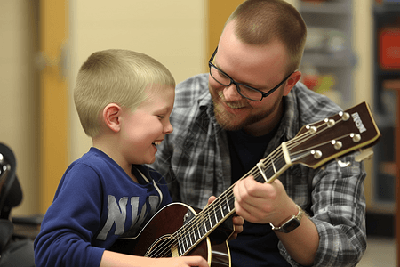 音乐老师儿童在弹吉他背景