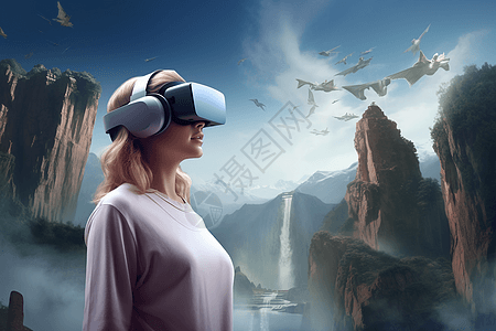 带VR眼镜体验VR旅游的女人背景