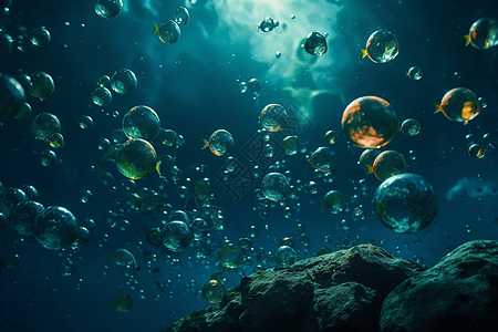 在海底背景前升起的气泡图片