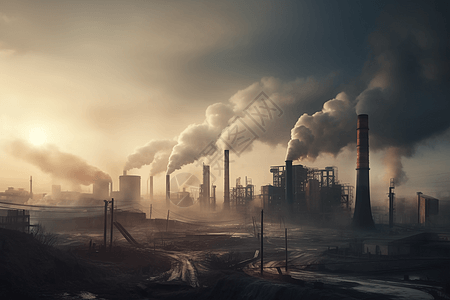 工厂废气污染烟囱将污染排放到工业城市中设计图片