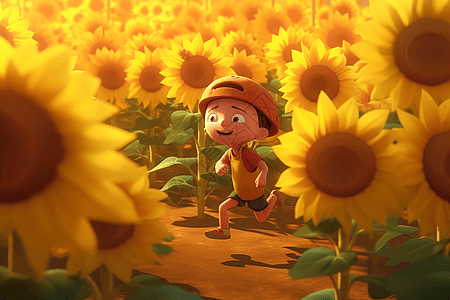 在向日葵丛中奔跑的小男孩图片