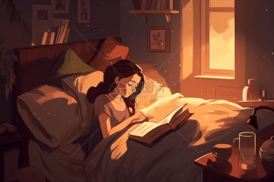 在床上被窝里看书的女孩图片