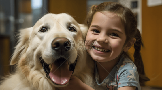 一直可爱的狗狗和小女孩微笑图片