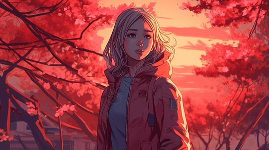 年轻的女孩站在樱花树下图片