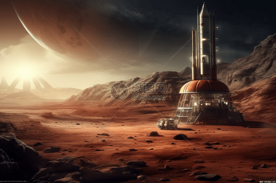 主题: 火星任务; 视角: 发射台视图; 背景: 红色星球风景; 风格: 数字绘画; 和照明: 戏剧性的阴影和亮点; 图片分图片
